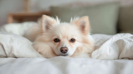 An adorable Pomeranian dog lies comfortably on a fluffy bed, exuding cuteness and warmth, perfect for those looking for heartwarming pet imagery.