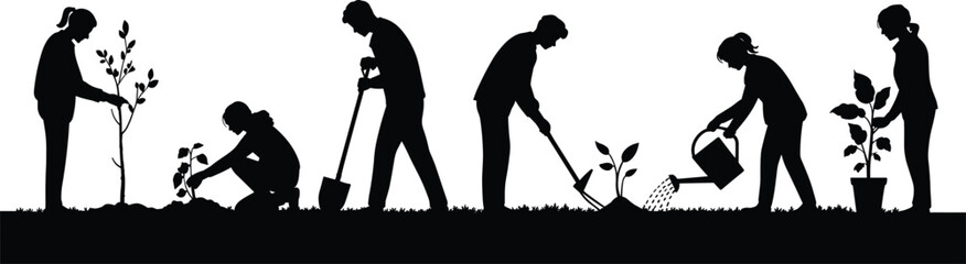 Gardening process silhouette illustration showing people planting, digging, watering plants, eco friendly teamwork, growth stages, black and white vector design