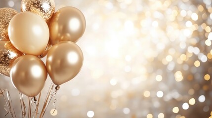 A delightful collection of gold balloons floats against a soft, sparkling backdrop, creating a festive atmosphere filled with joy and celebration suitable for any occasion.