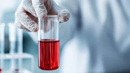 A laboratory technician, wearing gloves, holds a clear test tube filled with bright red liquid, symbolizing scientific experimentation and medical research in a modern lab environment.