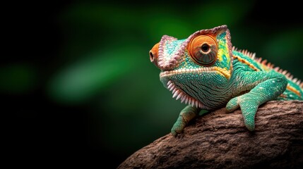 This stunning close-up portrait features a colorful chameleon resting on a log, showcasing its vibrant colors and intricate patterns while emphasizing wildlife beauty.