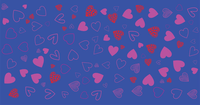 A vibrant blue background filled with scattered pink and gold heart shapes