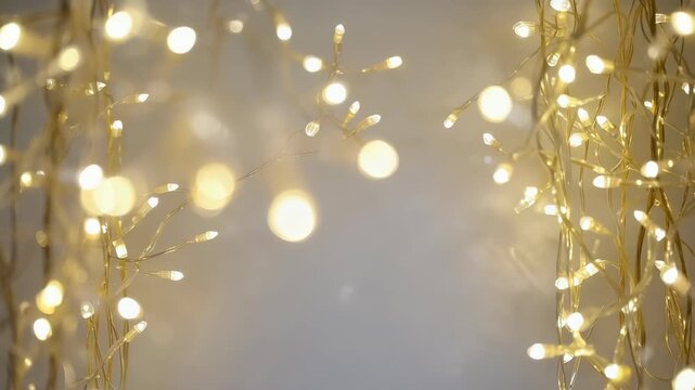 Warm String Lights Twinkling on Dark Background - Festive Holiday Atmosphere, Bokeh Effect, Cozy Interior Decor, Elegant Lighting.