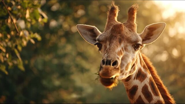 Close-up of a smiling giraffe bathed in warm sunlight, leafy background, curious gaze. Playful grin