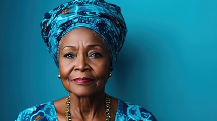 A dignified older woman dressed in vibrant blue attire and headwrap, exuding grace and wisdom, set against a contrasting turquoise background.