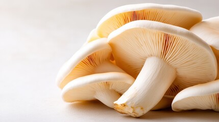 A collection of fresh mushrooms sits gracefully on a light background, showcasing their natural beauty with a focus on texture and simplicity in culinary artistry.