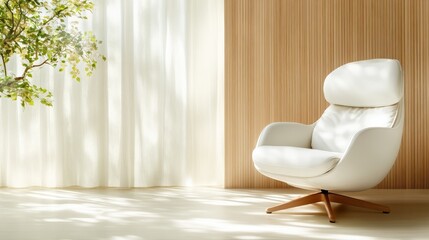 A modern white armchair is positioned elegantly in a bright, airy space adorned with greenery and natural light, promoting a sense of comfort and tranquility in interior design.