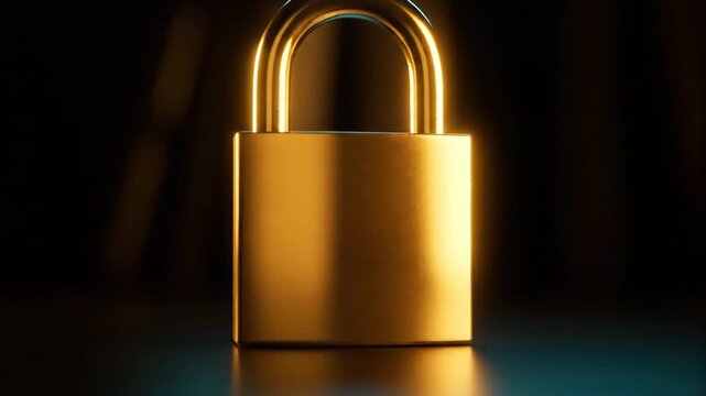 A golden padlock stands centered on a dark reflective surface with atmospheric lighting showcasing security and protection.