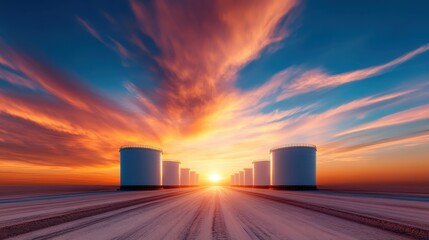 A stunning view of industrial oil storage tanks lined up against a gorgeous sunset, illustrating the contrast between nature and industry in a compelling visual narrative.