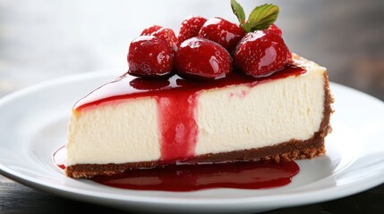 An appetizing slice of cheesecake topped with vibrant fresh strawberries and rich sauce, showcasing the indulgence and sweetness that delights dessert lovers in every bite.