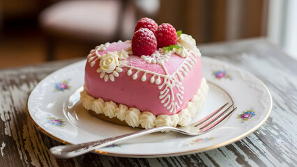Heart shaped pink cake with raspberries on elegant plate, romantic dessert for Valentine&rsquo;s Day celebration, love, bakery, and sweet food concept.