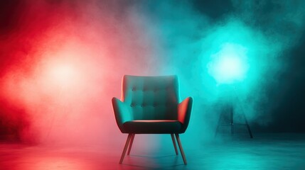 A stylish green armchair positioned in a dramatic atmosphere, with vibrant red and turquoise lights creating an intriguing and modern ambience perfect for artistic presentations.