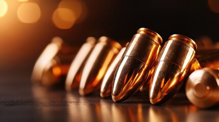 An intriguing close-up of golden bullets arranged on a dark surface, capturing a sense of intensity and depth related to themes of security and conflict.