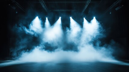 Dramatic stage lights cutting through a smoky atmosphere, creating an intriguing ambiance ideal for live performances, enhancing the emotional impact of theater and music experiences.