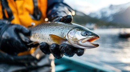 Obraz premium A fisherman's proud moment as he holds a freshly caught trout, embodying the thrill of fishing, connection to nature, and the rewards of outdoor adventures.