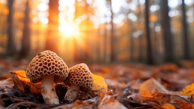 Enchanting scene of mushrooms basking in the warm sunlight filtering through trees in an autumn forest, surrounded by vibrant leaves on the ground. - Powered by Adobe