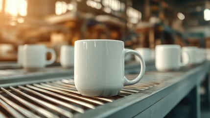 Fototapeta premium This image features a sleek white mug standing prominently on a production line, embodying minimalist design and reflecting a sense of modern industrial efficiency and style.