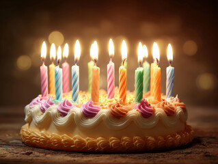 Close-up view of a round, vibrant pink and white birthday cake with purple flowers, 8 lit candles arranged in a semi-circle Wooden surface, subtle lighting enhancing texture and depth, - AI-Generated