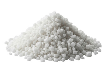 Large, detailed pile of coarse white sea salt crystals on a pristine, transparent seamless studio background with shadowless lighting, a concept of natural purity and culinary excellence