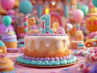 A vibrant, whimsical birthday celebration scene with a colorful cake and scattered cupcakes - AI-Generated