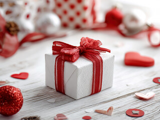 A white gift box with a red ribbon on a wooden table, surrounded by heart confetti Possibly related to Valentines Day or another romantic occasion Minimalist style, soft lighting - AI-Generated