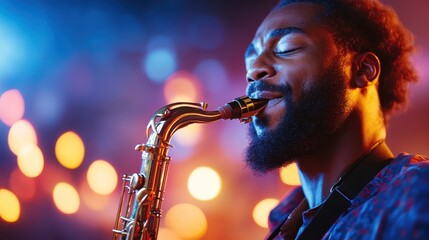 A talented musician passionately playing the saxophone, immersed in the music, creating a vibrant atmosphere filled with colorful lights and deep emotional expression.