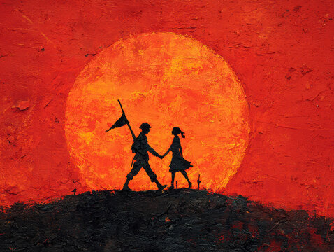 Two Iranian soldiers in love, walking towards each other under a radiant red-orange sunrise The setting is a flat surface or path Figures are simplified, black silhouettes with no fac - AI-Generated