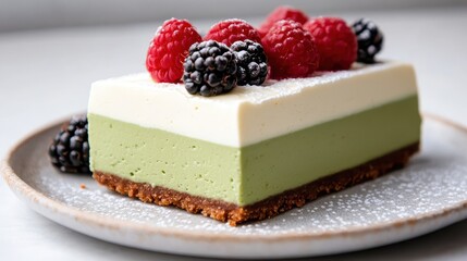 A beautifully crafted green tea cake topped with fresh raspberries and blackberries, perfectly designed for dessert enthusiasts and highlighting culinary artistry and gourmet flavors.