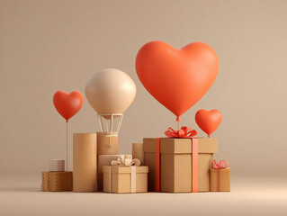 Valentines Day poster featuring gift stack, oversized hearts, light bulb, and wooden background in minimalist style - AI-Generated