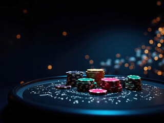 Collection of gold and metallic casinopoker chips with varying denominations 1, 5, 25 on a dark surface with blue glow Ethereal effect created by soft lighting casting shadows, emph - AI-Generated