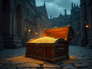 A cobblestone street in a fantasy setting, with an antique chest spilling gold coins Gothic architecture backdrop, dramatic shadows, and dusk lighting - AI-Generated