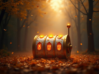 Autumn forest floor with a glowing magical chest, dappled sunlight, tree silhouettes, muted color palette - AI-Generated