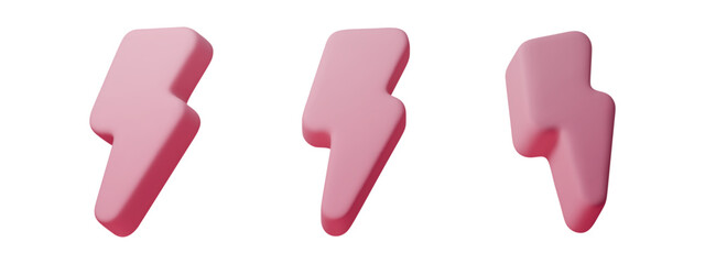  3D pink lightning bolt icon with electric energy glow. Realistic thunder symbol for power concepts, Y2K designs, flash sales, and futuristic digital backgrounds.