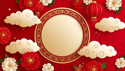 Vibrant Chinese New Year background with red flowers, lanterns, and clouds