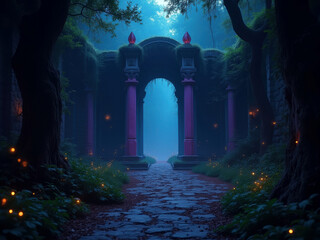 Path through lush forest leads to stone archway with towering columns, adorned with red flowers Enchanting blue lighting imbues an otherworldly atmosphere - AI-Generated