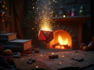Rustic stone floor, open glowing book with hieroglyphics, floating crystal pyramid, fireplace with embers and scattered stones, vibrant berries, warm ambient lighting from book, crystal - AI-Generated