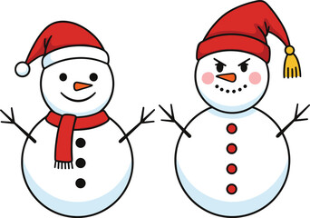 Cute Snowman Characters with Different Facial Expressions Wearing Santa Hats Vector Illustration