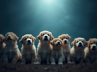 Twelve golden retriever puppies, lined up against a dark blue backdrop, facing right, gazes directed off-camera Soft, diffused lighting, serene atmosphere, balanced composition on a li - AI-Generated