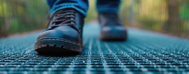 Ditch Your Resolution Day Low Angle View of Dark Leather Boots Walking on Blue Metal Bridge Journey Begins Here