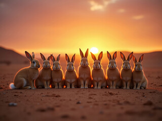 Six hares in parallel rows, silhouetted against a sunset sky Hares arranged on sandy ground reflecting warm glow Alert and curious hares Even spacing, depth perspective Balanced com - AI-Generated
