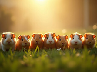 Six orange-brown guinea pigs in a row on a grassy surface, under filtered sunlight - AI-Generated