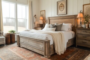 antique accessories. Incorporate a large bed, classic lighting fixtures, and rustic elements to evoke