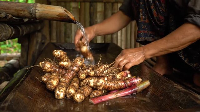 Close Up View of Harvesting Arrowroot by Washing with Water in Traditional Bamboo Environment Raw Ingredient and Root