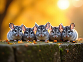Group of five rodents micevoles, huddled, facing upwards, natural outdoor setting, autumn leaves orange, yellow, concrete surface, high angle viewpoint, soft glow, gentle shadows, - AI-Generated