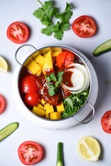Vibrant Salad with Fresh Produce: Red Tomatoes, Green Cilantro, and Mango Chunks - A Healthy, Nutritious Culinary Presentation for Plant-Based Diet Enthusiasts