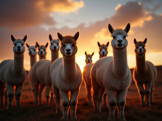 Tranquil nature scene, warm sunrisesunset sky, llama-like animals in foreground, fluffy white fur, curious attitudes, varying sizespositions, striking shadows, vibrant colors, blurred - AI-Generated