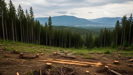 Aerial view of forest showing illegal logging damage, deforestation scars, and environmental destruction, highlighting climate change, conservation issues, and human impact on nature.