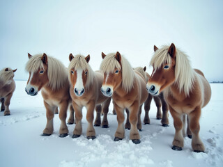 Three horses in winter coats standing on snow, heads turned towards the camera, captured from chest up to front legs Rural or remote setting during winter Soft and diffused lighting - AI-Generated