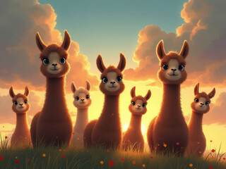 Six animated llamas, arranged in two rows on grass with flowers, possible elevated platform or hillside Warm-lit background with clouds against sky, suggesting sunrisesunset Individu - AI-Generated