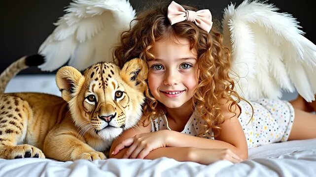 A little girl laying on a bed with a leopard and angel wings